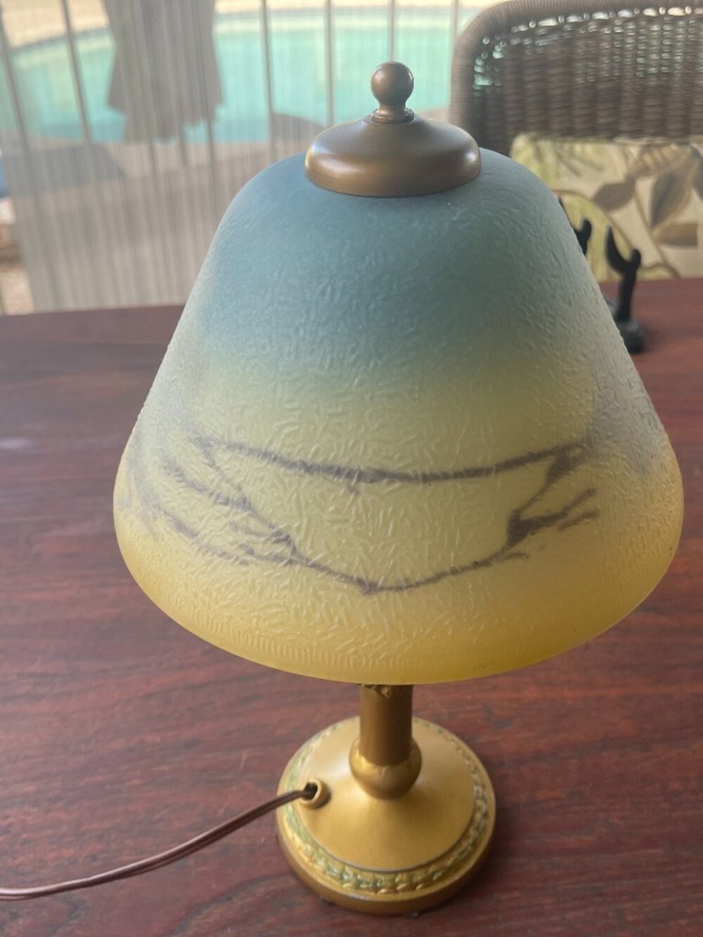 Art Deco Reverse Painted Shade Original Gold Leaf Base Boudoir Lamp - As Is